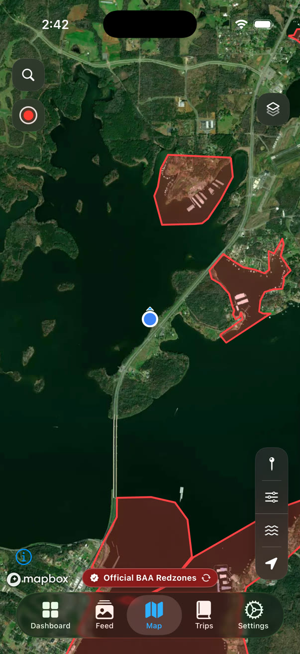 The Sector app: a satellite map of Lake Guntersville with redzones filled in red and the button to record a boat track.