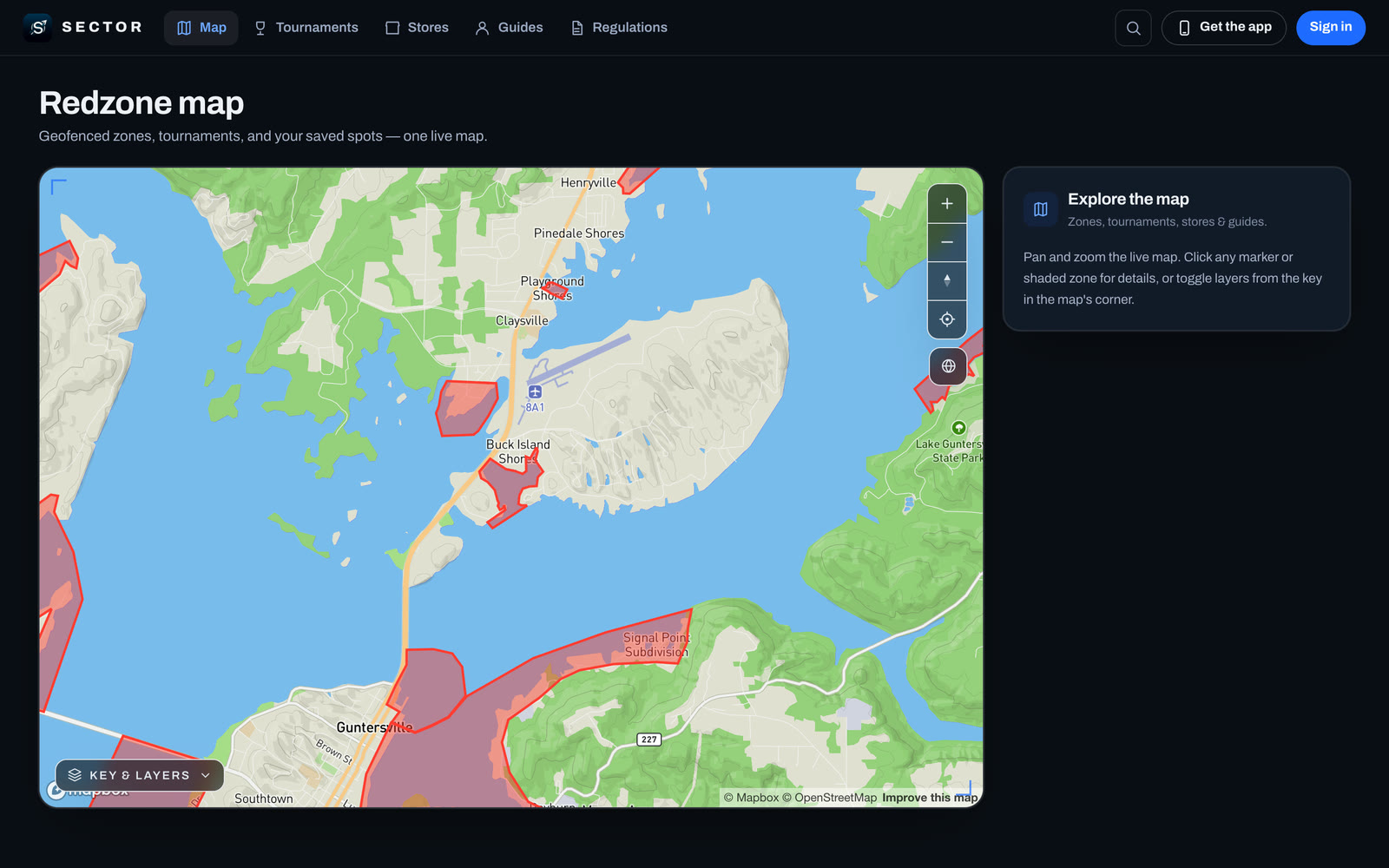 Sector on the web: the redzone map of Lake Guntersville, with redzones filled in red.