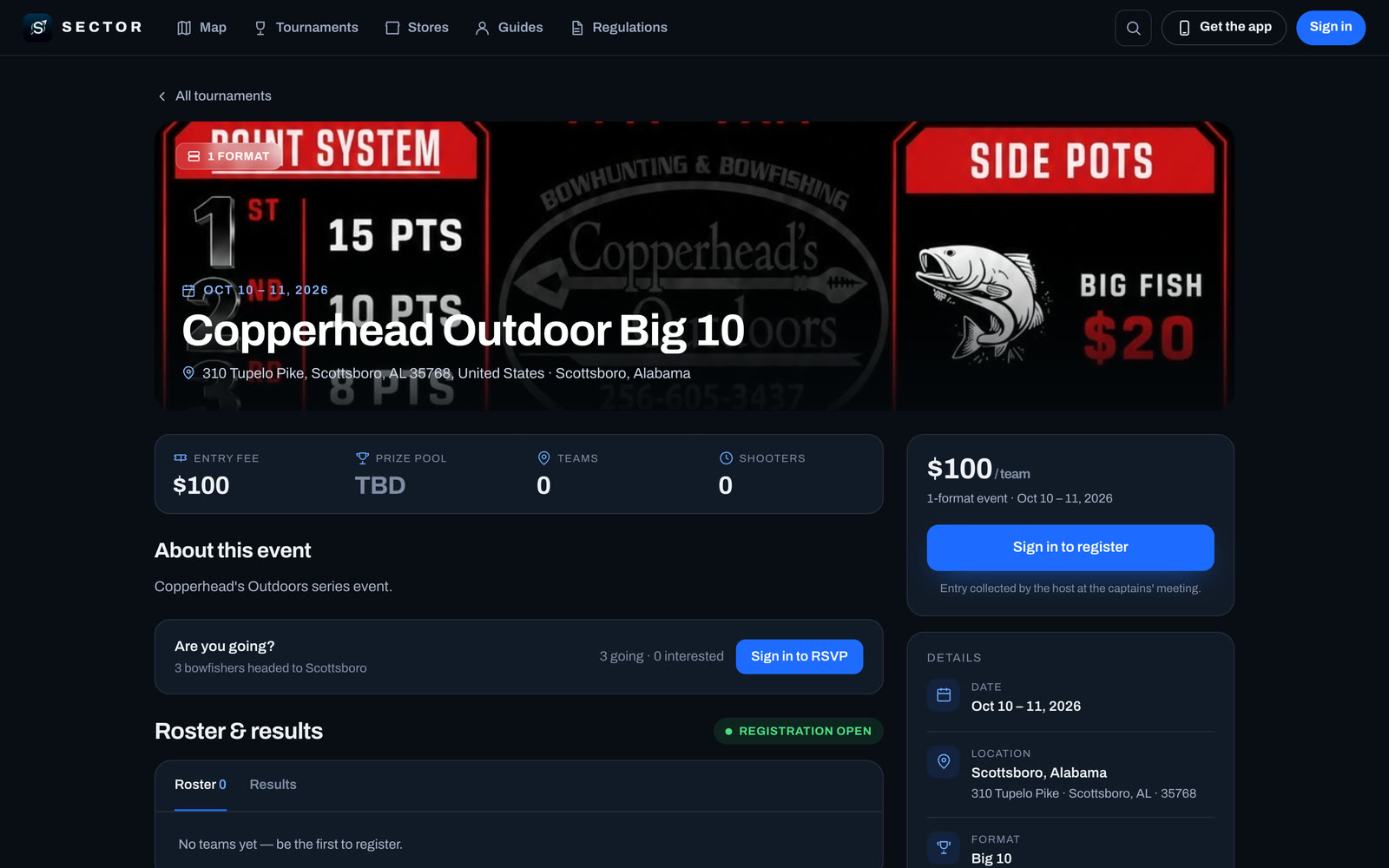 Sector on the web: an upcoming tournament with registration open, its entry fee and the RSVP bar.